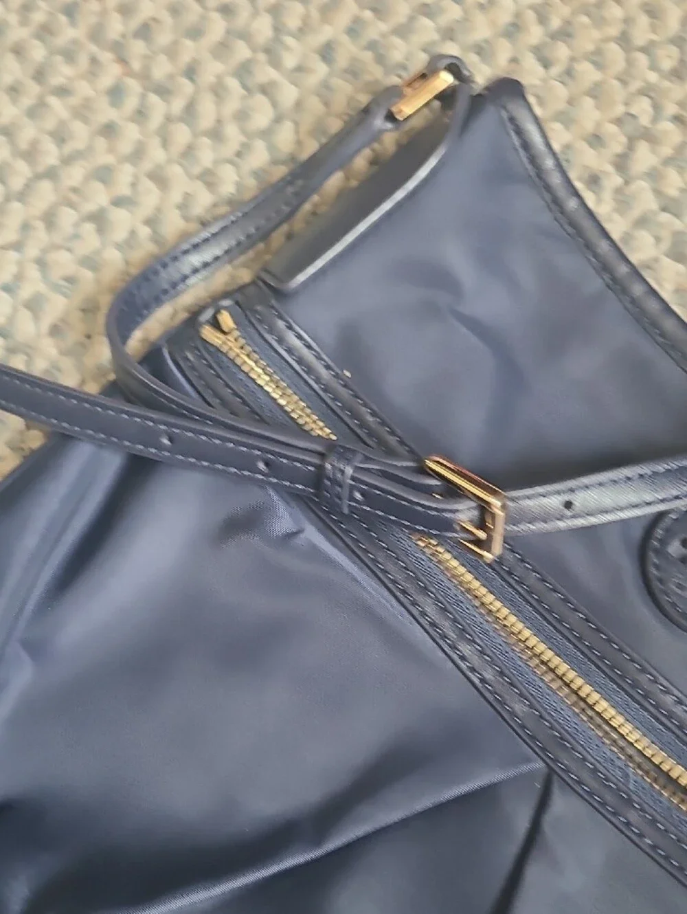 Tory Burch Navy Crossbody Nylon Bag with Gold Zip and Logo